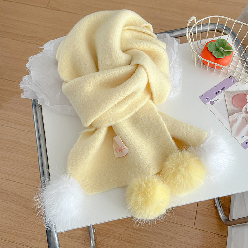 韩版毛球球围巾女冬季保暖百搭毛线针织围脖氛围感加厚2025新款