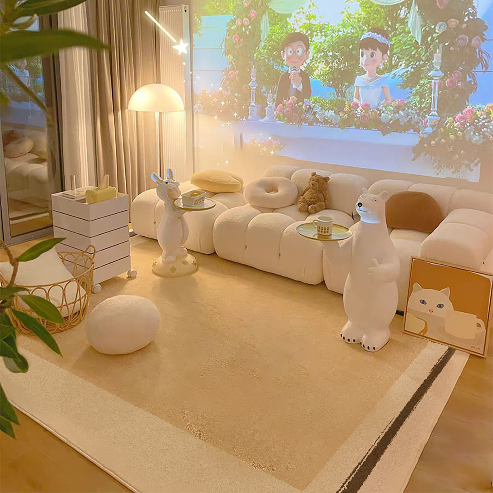 嫩鹅黄色东方侘寂奶油原木风地毯轻法式客厅茶几卧室长毛绒毯加厚