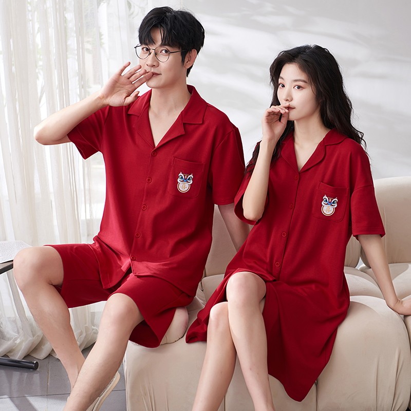 남성과 여성을위한 여름 커플 잠옷 순면 반팔 반바지 가디건 얇은 잠옷 동물 년 빨간색 봄 여름 정장