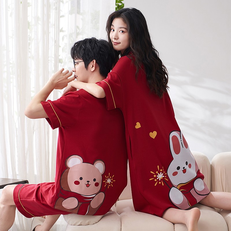 남성과 여성을위한 여름 커플 잠옷 순면 반팔 반바지 가디건 얇은 잠옷 동물 년 빨간색 봄 여름 정장
