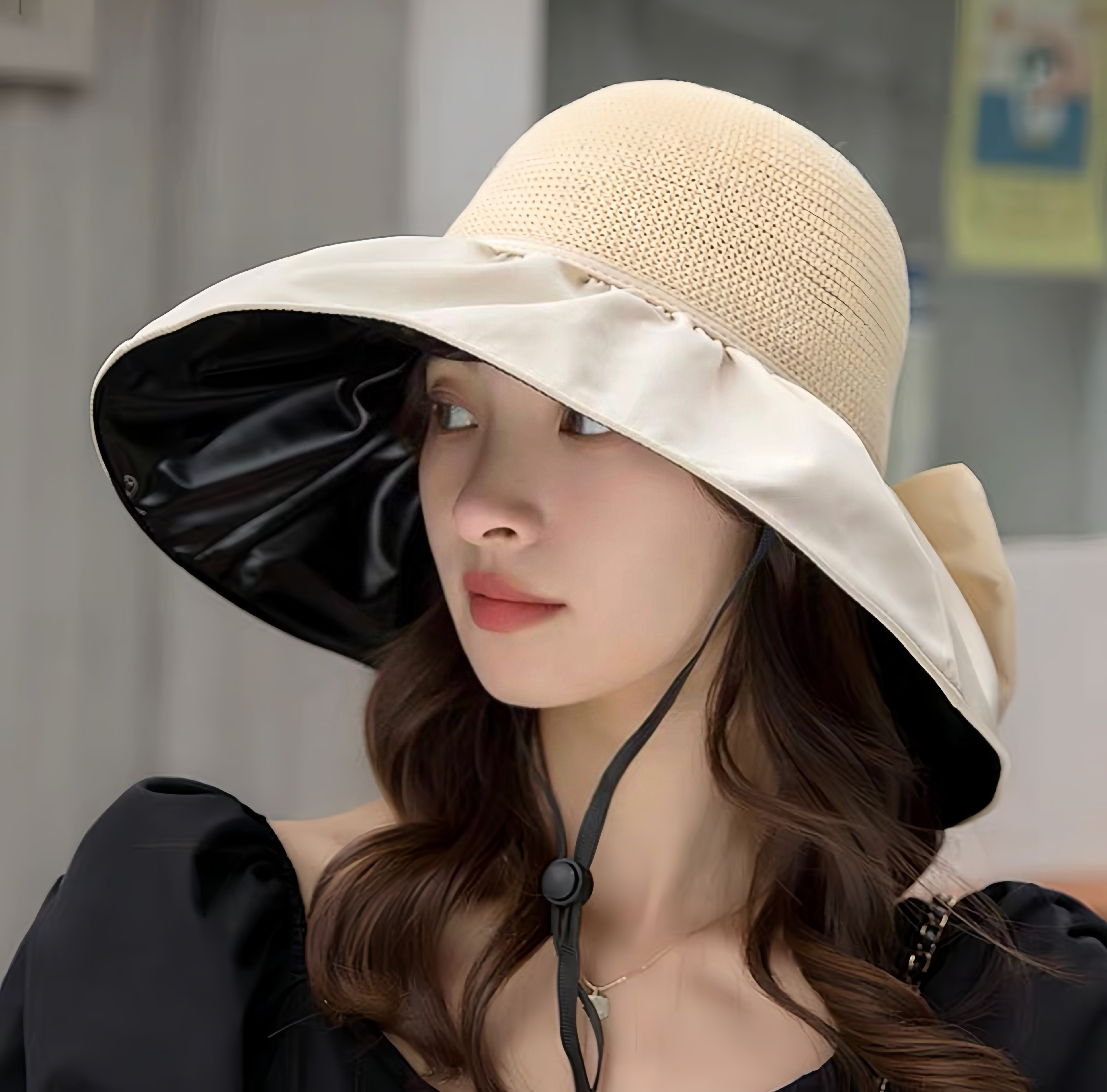 网红黑胶渔夫帽女夏新款遮阳防晒防紫外线沙滩帽大檐时尚百搭帽子