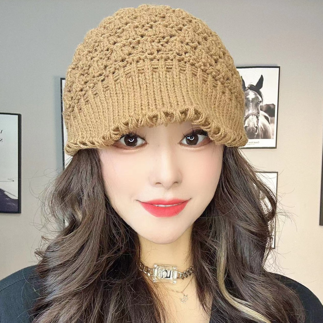 2025秋冬新款针织百搭时尚菠萝格鸭舌女士编织时尚包头韩版保暖帽