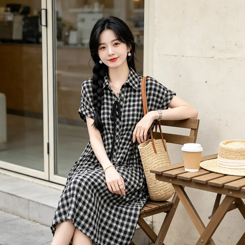 夏季新款格子设计感大码中青年穿搭衣服时尚长款POLO领连衣裙女装