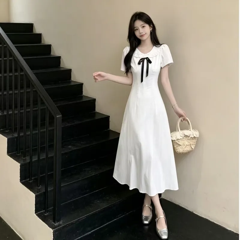 法式初恋娃娃领巨好看连衣裙女夏季学院风温柔白色短袖气质长裙子