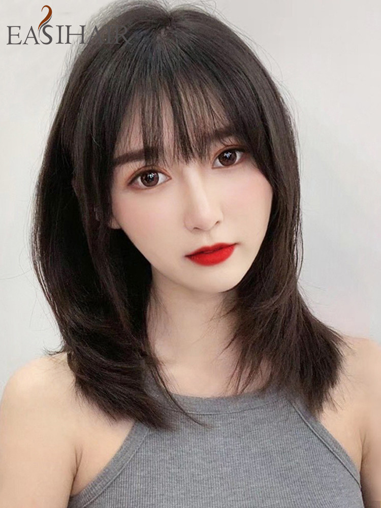Wig Female long hair Medium long hair Full head cover type simulation summer level clavicle hair Real hair Full real hair Real hair