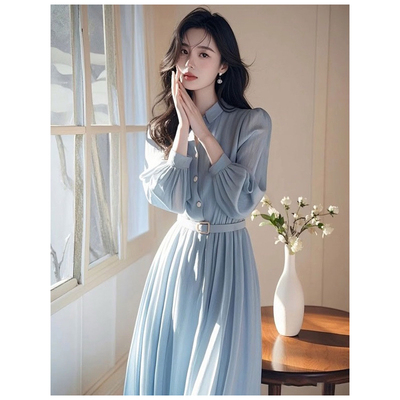 60812 2025春季新款女装法式漂亮独特气质收腰白色雪纺衬衫连衣裙