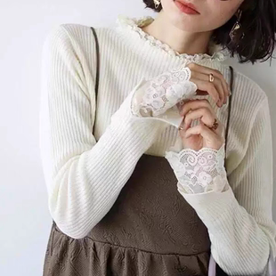 日系 纯色螺纹 女士蕾丝花边打底上衣 修身内搭打底衫