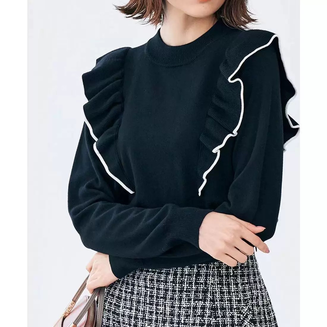 日系小清晰荷叶花边圆领针织上衣