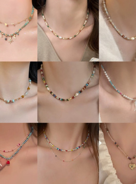 真金电镀不锈钢彩色淡水珍珠项链小清新个性choker锁骨链小众项饰