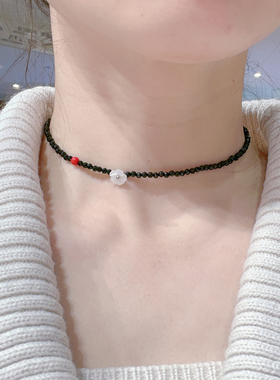 黑水晶贝壳小花choker颈链女款