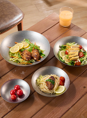 复古304不锈钢圆碟沙拉盘泡菜盘子调料碟浅盘小吃盘做旧圆盘餐碟