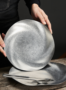 复古盘304不锈钢盘子高级感花边圆盘平盘户外餐盘做旧雪花灰餐具