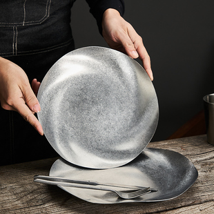 复古盘304不锈钢盘子高级感花边圆盘平盘户外餐盘做旧雪花灰餐具
