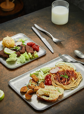 美式复古工业风不锈钢托盘长方形个性餐盘咖啡厅蛋糕盘子做旧平盘