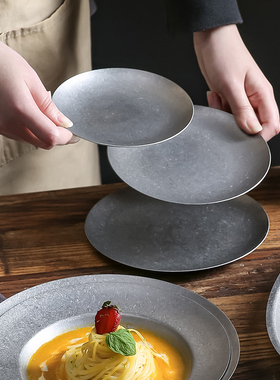 复古圆盘浅盘甜品盘做旧蛋糕碟子304不锈钢盘子高级感点心小盘子