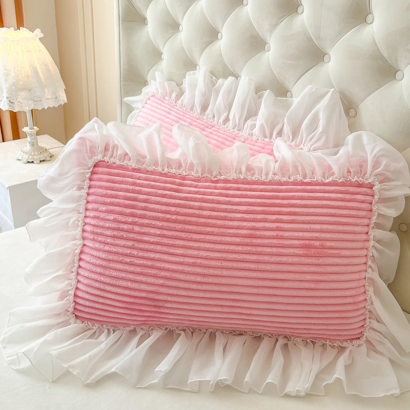 公主风秋冬季牛奶绒枕套小仙女荷叶雪纺花边单人家用枕芯套一对装