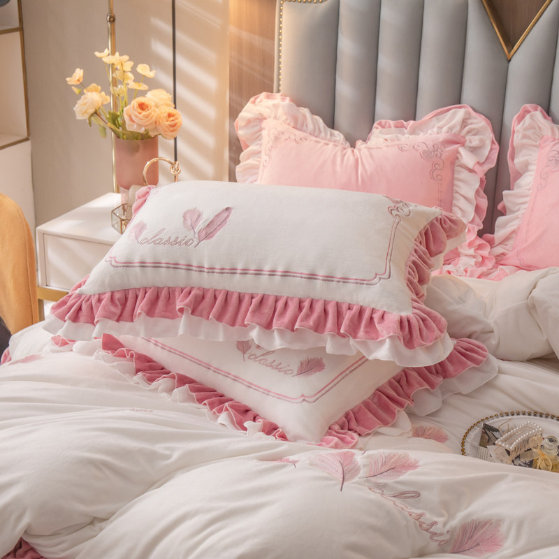 秋冬季公主风水晶绒枕套蕾丝花边刺绣加厚枕头套单人枕芯套一对装