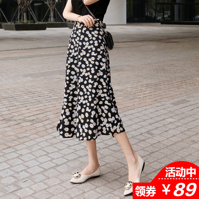 小雏菊半身裙女夏雪纺新款印花中长款小个子鱼尾裙碎花a字裙
