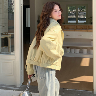 小个子休闲短款 黄色甜美减龄甜酷风显瘦皮衣夹克上衣女春新款 外套