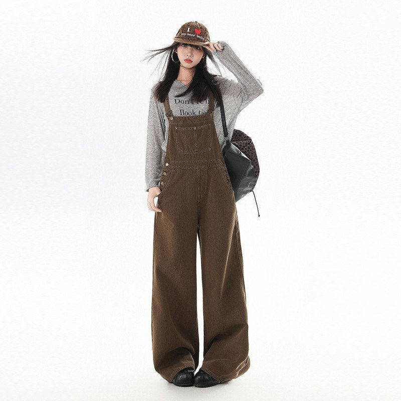 美拉德阔腿牛仔背带裤女2025早秋新款百搭复古宽松显瘦垂感连体裤