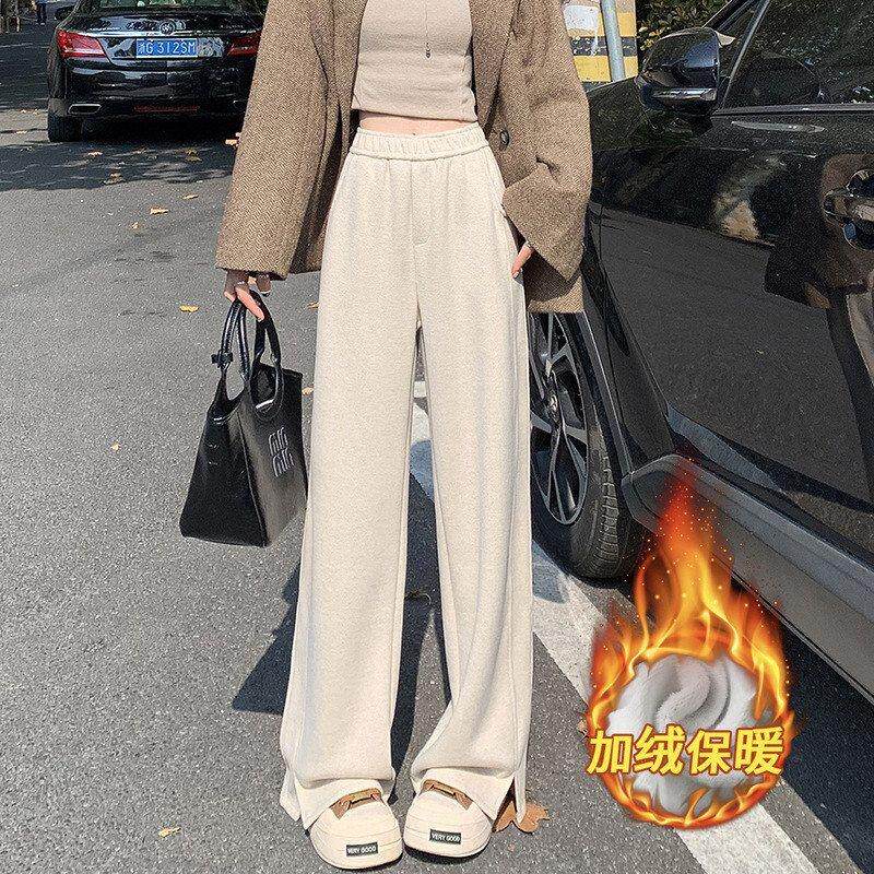 加绒开叉阔腿裤女2024秋冬人字纹毛呢直筒休闲垂感宽松针织裤呢子