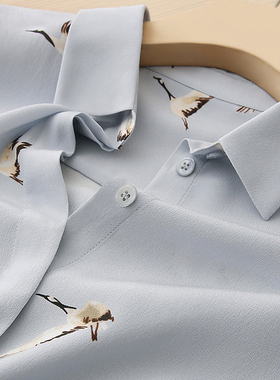 6A级桑蚕丝，蓝灰色很显肤白！1OO砂洗纯真丝仙鹤印花长袖衬衫女