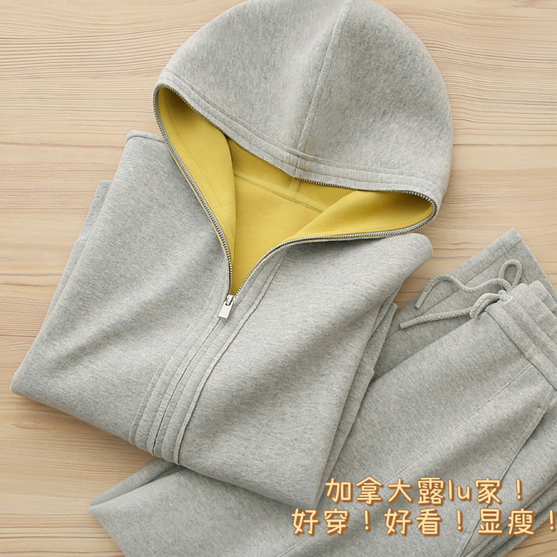 加拿大L露U！热熔保暖新面料！连帽卫衣+直筒卫裤套装女显瘦秋冬