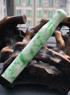 自然光实物拍摄/缅甸天然翡翠A货飘绿花烟嘴25.71g烟管带证书老坑