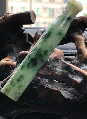 自然光实物拍摄/缅甸天然翡翠A货黄加绿飘花烟嘴22.33g烟具老坑