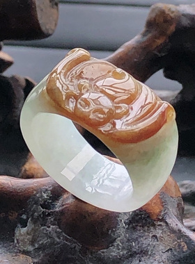 自然光实拍13号16.6mm缅甸翡翠A货天然黄翡双彩福在眼前戒指5.39g