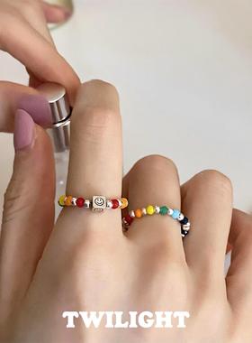 彩虹串珠笑脸925弹力戒指设计