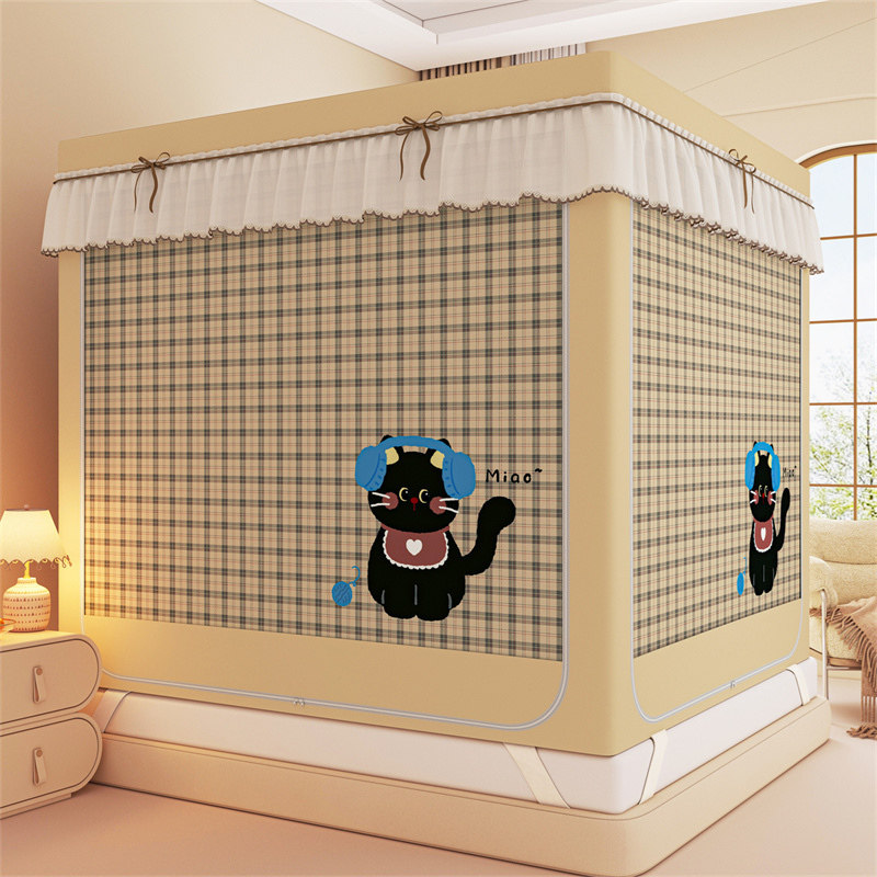 新款卡通遮光床帘蚊帐全底防掉家用婴儿童防摔坐床拉链蒙古包床幔