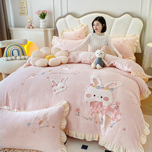 新款加厚保暖绣花牛奶绒四件套卡通双面加绒冬款珊瑚绒可爱法兰绒
