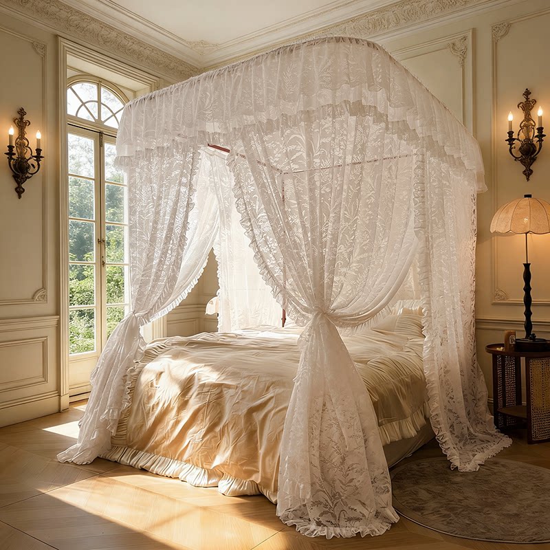 2026新款蕾丝花边落地U型导轨蚊帐防尘顶加密加厚家用卧室奶油风