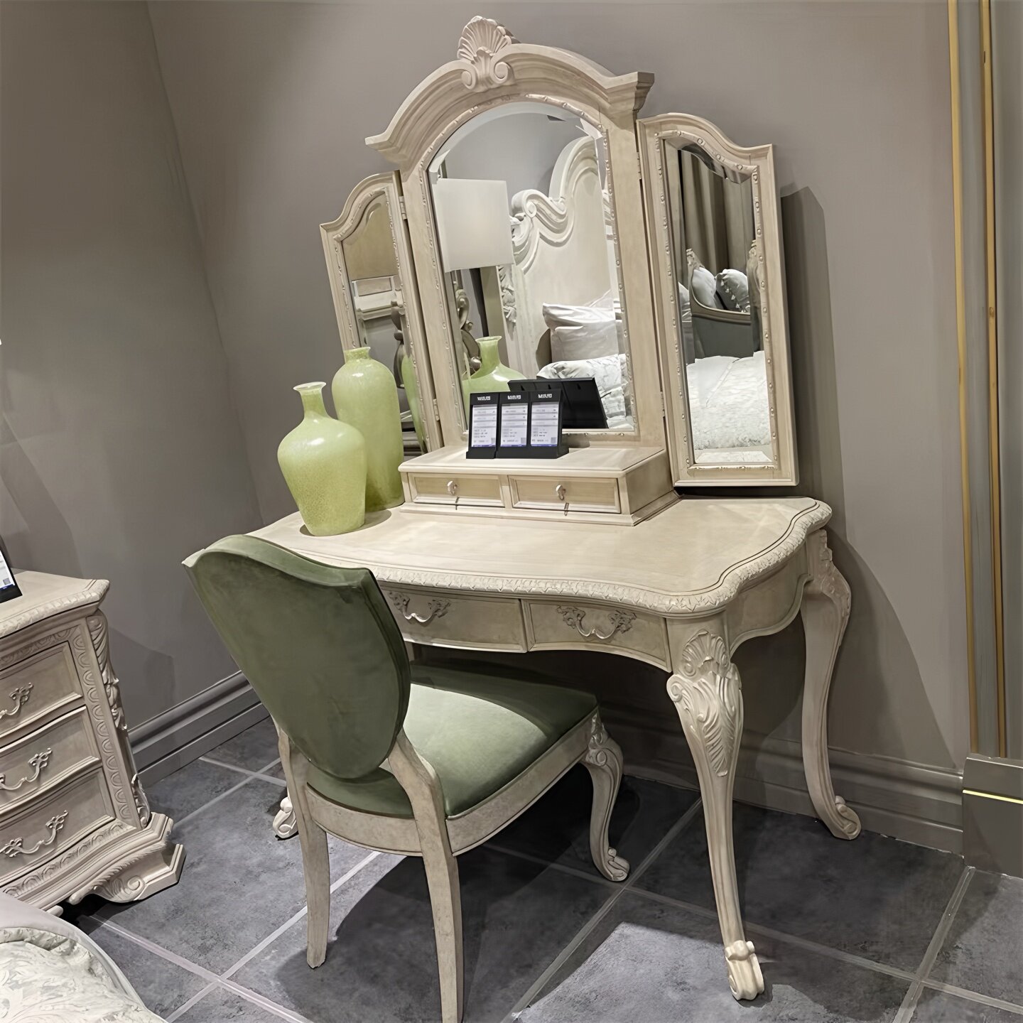 美式art梳妆台美克建筑复兴化妆桌 欧式卧室实木雕花梳妆台带镜子