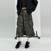 24SS 中性宽松休闲中裤 工装 Sleepzoo 风迷彩七分裤 女夏季 复古短裤
