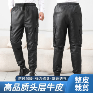 鹿麟男士头层牛皮防水防油机车裤