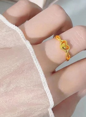 沙金爱心戒指女黄铜镀金小众设计