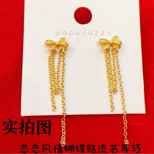黄金色福恋恋风情蝴蝶结流苏耳钉