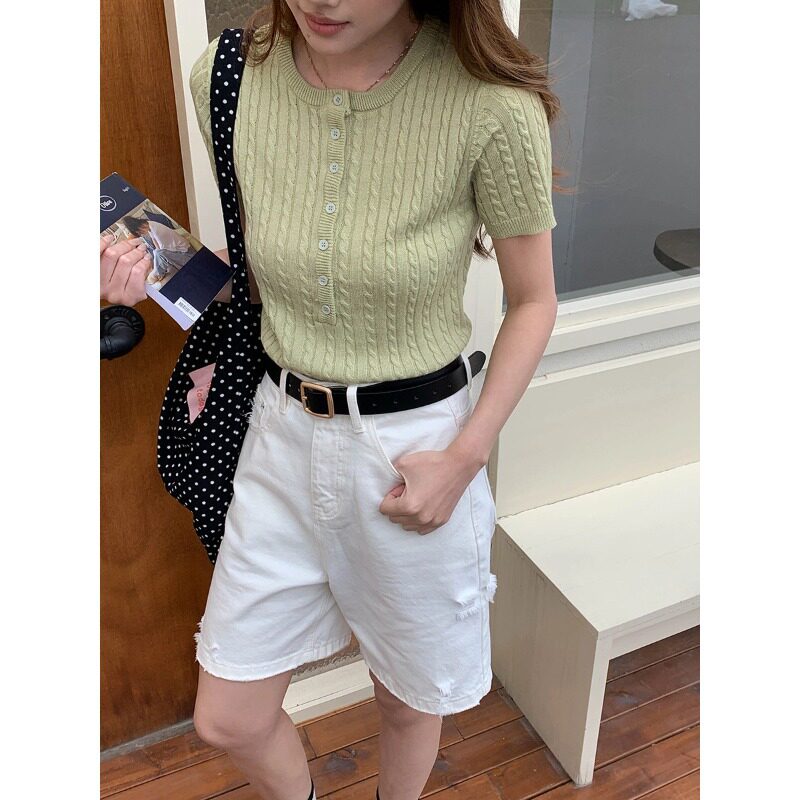 纯色百搭小香风T恤女2026春装新款纽扣半开亨利领麻花短袖针织衫