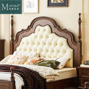 木魚家具安娜美式 2米真皮主臥原木雙人床1.8輕奢復古 全實木床法式