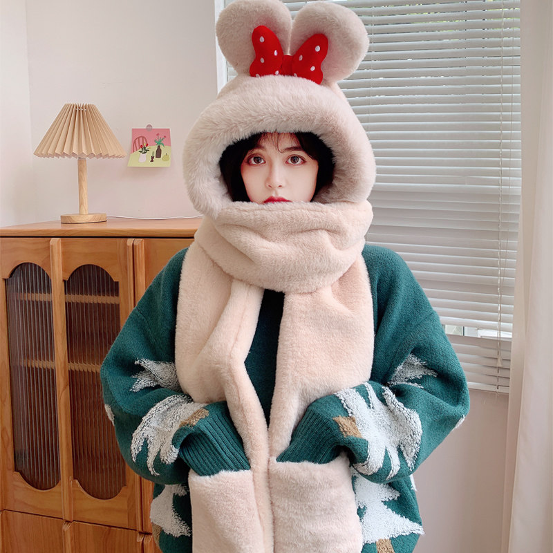 帽子女秋冬2024年新款围巾一体加厚保暖时尚韩版可爱手套三件套潮