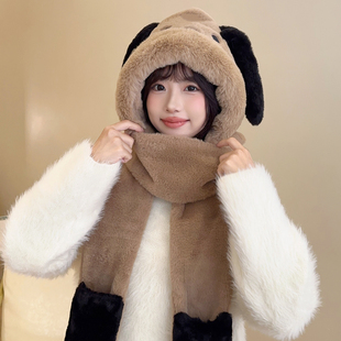 东北防寒帽子2025秋冬季新款女小熊可爱加厚手套围巾一体百搭保暖