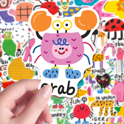 100张ins多巴胺涂鸦动物英语贴纸启蒙英语趣味学习小动物插画趣味