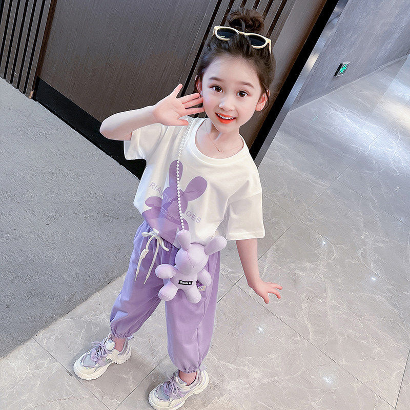 韩国女童夏装套装2026新款夏季洋气女宝宝衣服儿童短袖T恤运动服