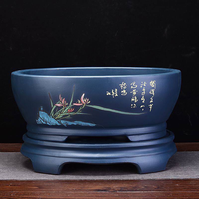 精品紫砂带底座椭圆梅花老桩榕树竹子桌面盆景透气花盆阳台绿植