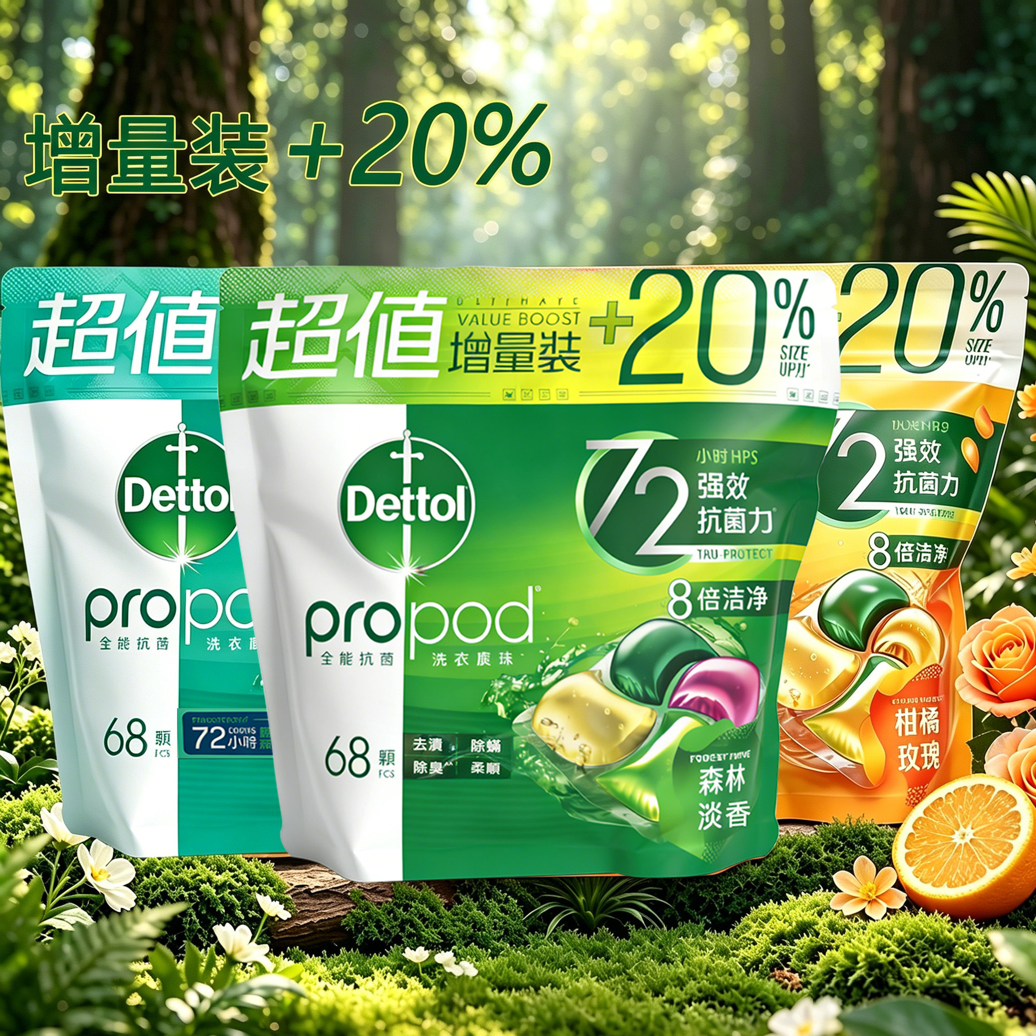 正品滴露雨后青草四合一除菌洗衣凝珠68颗抑菌顺护色持久留香珠