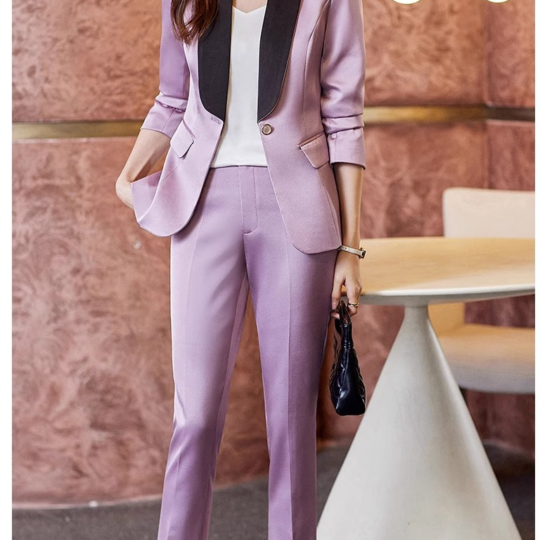 缎面撞色主持人正装女套装播音艺考服装浅紫色西装外套职业女神范