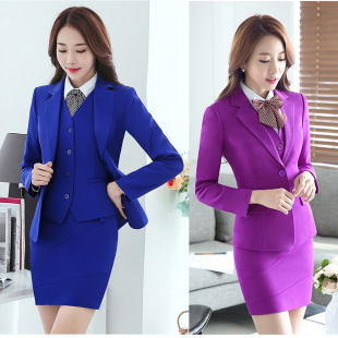 职业女装套装秋冬时尚韩版长袖工作服女士修身酒店西服马夹四件套