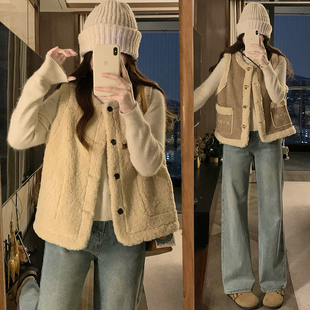 实拍 爱尔兰奶油仿麂皮双面穿马甲女冬牛角扣马夹外套